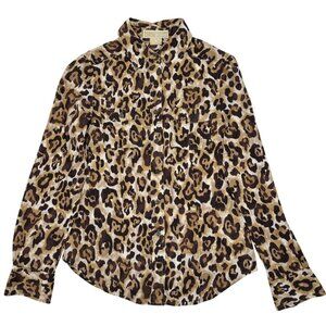 Michael Kors Leopard Print Button-Up Shirt Size S Womens Long Sleeve